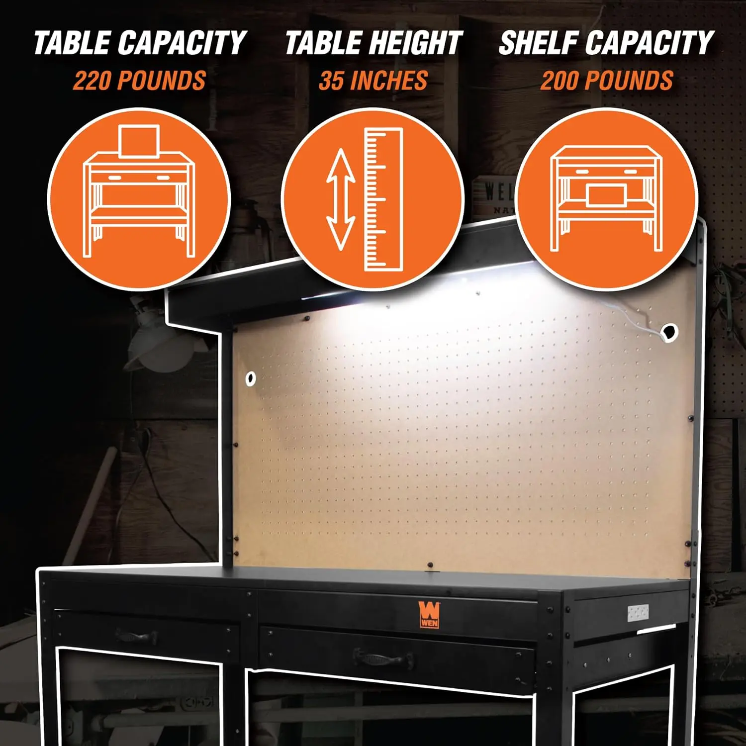 WEN WB4723T 48-Inch Workbench with Power Outlets and Light, Black