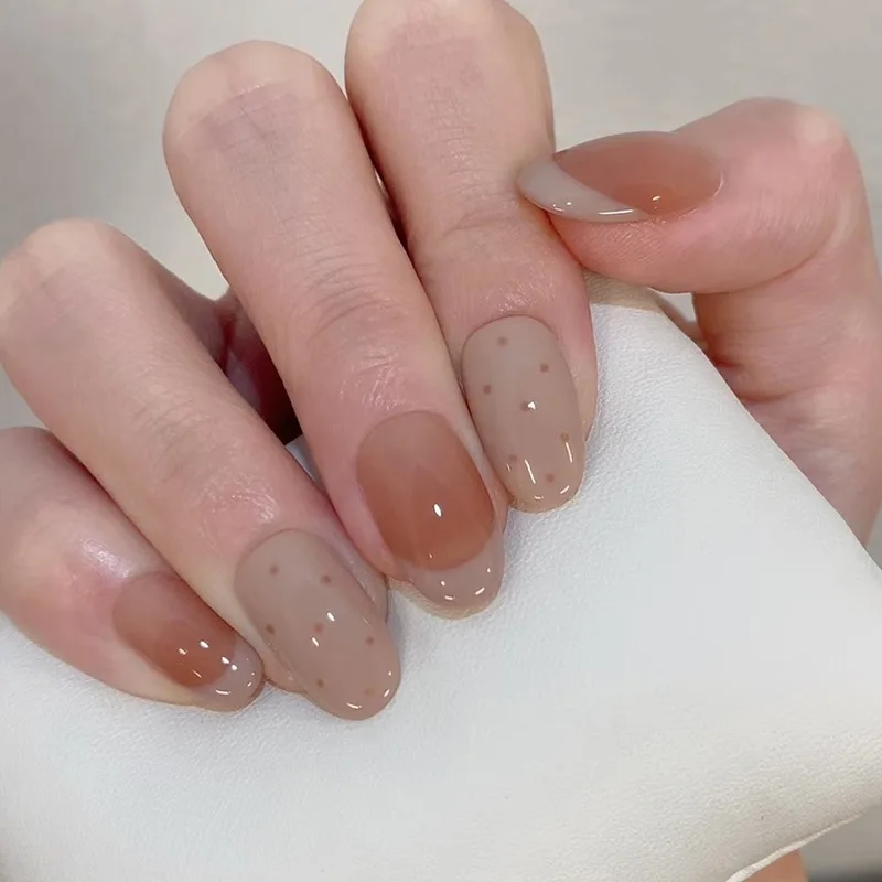 

10pcs Short Oval French Handmade Nails Milky Brown Polka Dots Press on Nail Star Cat Eye Fall/Winter False Nail for Women&Girl