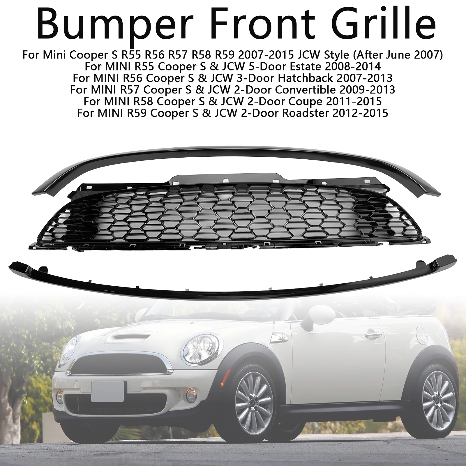 3PCS Gloss Black Front Grill Grille Fit for Mini R55 R56 R57 R58 R59 Cooper S & JCW