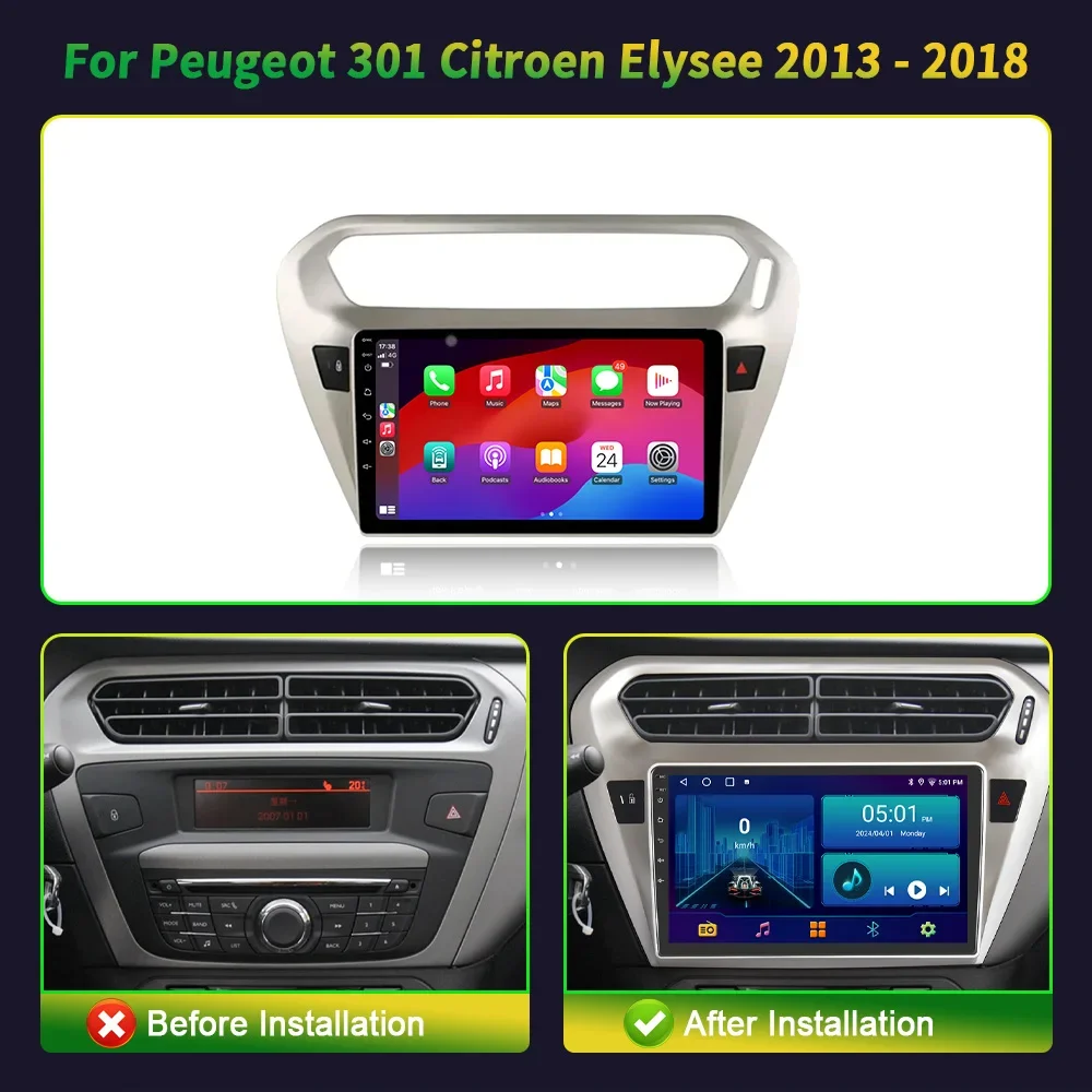 For Peugeot 301 Citroen C Elysee 2013-2018 Car Radio Multimedia Navigation Wireless Carplay Stereo Screen Head Unit 2 DIN