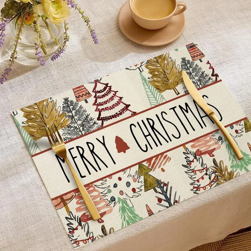 VIKAMA Merry Christmas Tree Hand Drawn Rectangular Placemats, Xmas Heat Resistant Washable Holiday Dining Table Decor Mat