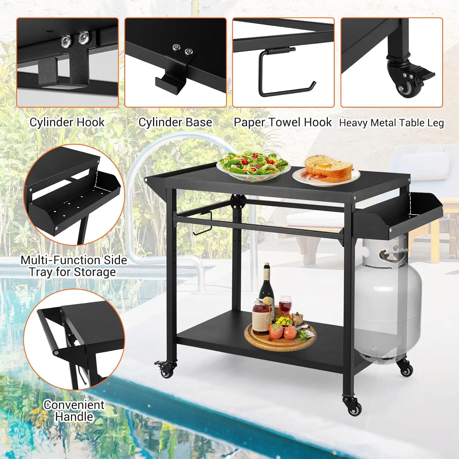 Outdoor Grill Cart, Pizza Oven Stand Table With Lockable Wheels For Outside Patio, Heavy Duty Movable Outdoor Cooking Prep