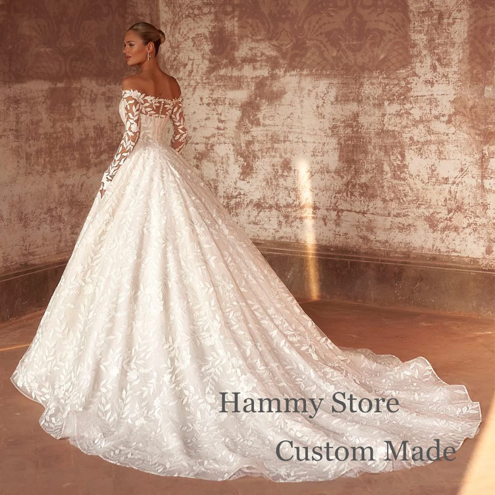 Romantic Ball Gown Wedding Dress Customized Boat Neck Long Sleeve Exquisite Lace Sweep Train Woman Bridal Gown Vestido De Noiva