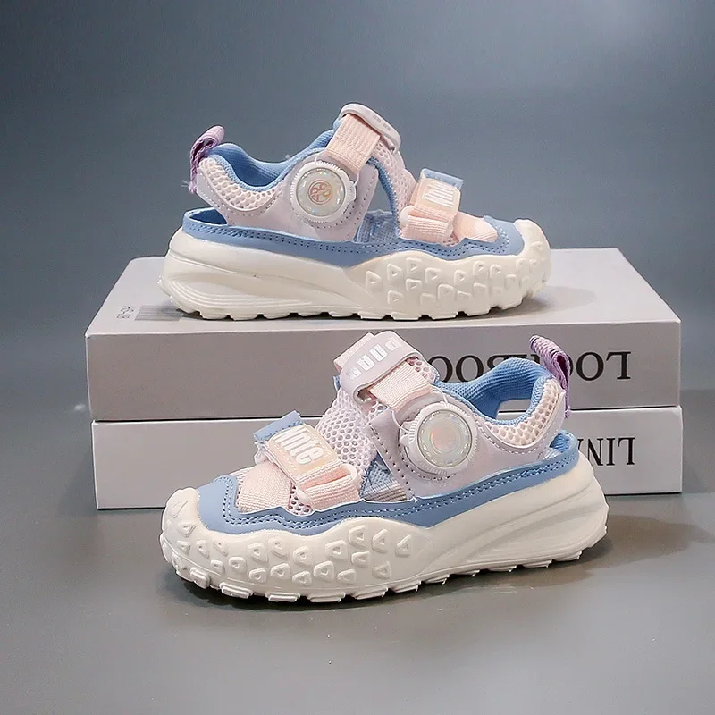 Boys Girls Beach Shoes for Summer Kids Casual Shoes Rotating Button 2025 New Children Sandals Mesh Breathable Trendy Hollowed