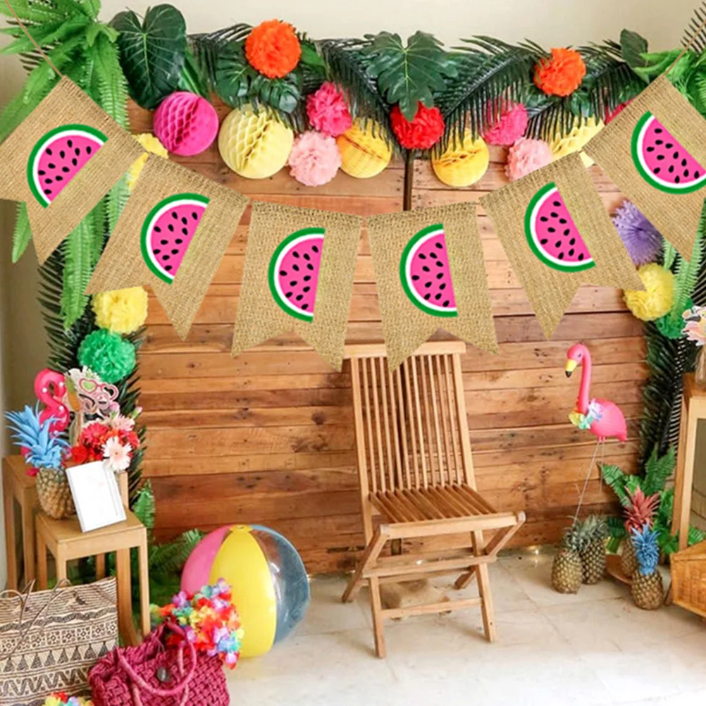 

1Pcs Summer Party Watermelon Swallowtail Banner 18x13cm 25m Long Reusable Linen Material Tropical Hawaii Pool Decor