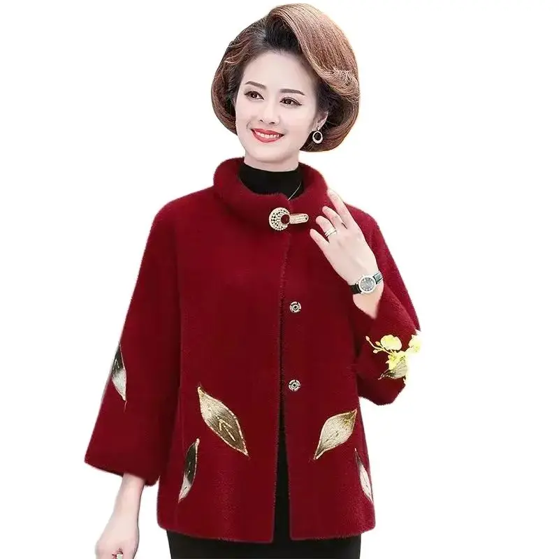 

Fashion Mother Autumn And winter Clothes Mink Velvet Coat Middle-aged And elderly Women Loose Embroidered Woolen Coat Woman