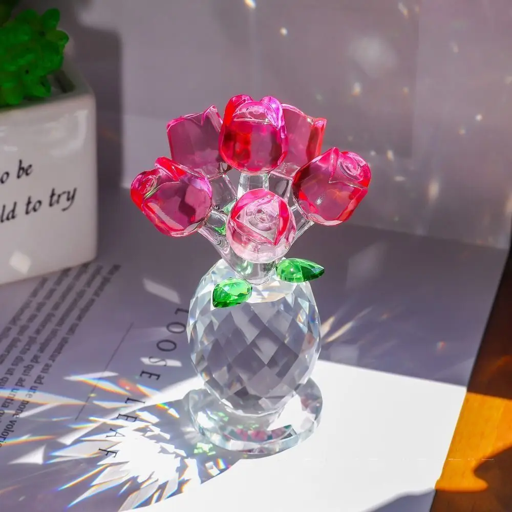 Handcraft Crystal Flower Statue Clear Base Rose Tulip Mini Glass Flower Sculpture Gift High Transparence