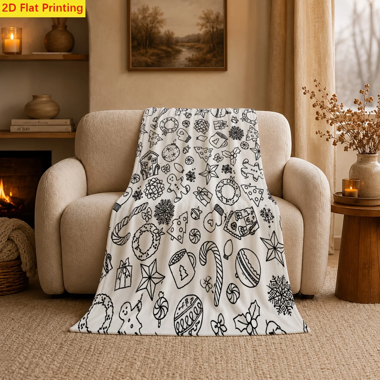 1pc 2D Flat Printing Christmas Repeating Elements Line Art Blanket, Soft & Machine Washable, for Sofa, Bed, Office, Camping