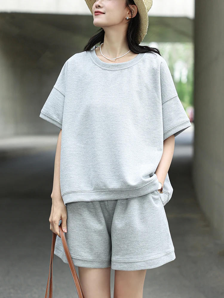 

Miaowei Lazy Casual Cotton Texture T-shirt Top And Shorts Set Women's Fashion Spring Summer Breathable Loose Fit round Neck S...