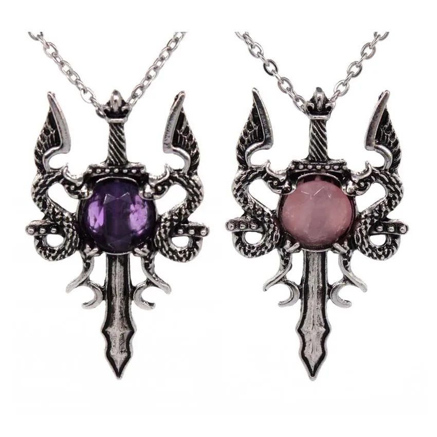 

Natural Crystal Pendant Necklace For Women Men Double Fly Dragon Sword Amethyst Rose Quartz Agate Stone Faceted Chain Jewelry
