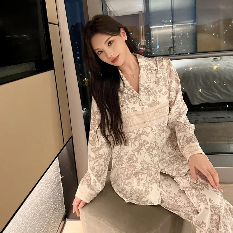 Ice Silk Luxury Style Pajamas Women\'s Advanced Pajamas Spring And Summer Elegant Long Sleeve High Quality Ice Silk Pyjams Sets