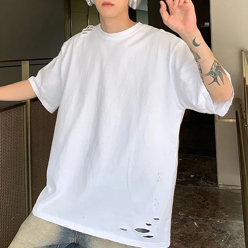 Summer Ripped Hole Men Short Sleeve O Neck T Shirt Korean Fashion Teenager Hip Hop Simple 2xl