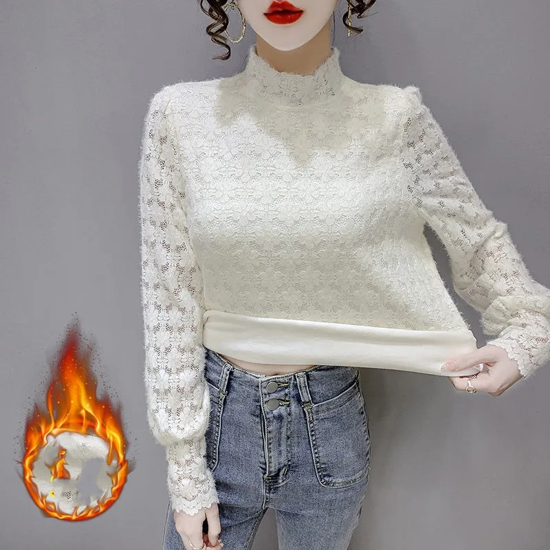 

Autumn Winter Women's Pullover Turtleneck Gauze Lace Flocking Hollow Out Long Sleeve T-shirt Underlay Slim Casual Elegant Tops