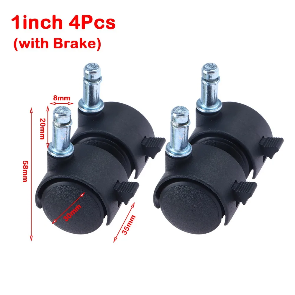 4Pcs 1/1.5inch Swivel Casters Silent Operation Wear Resistant Office Chair Casters Shock Absorbing with Brake Universal Wheels