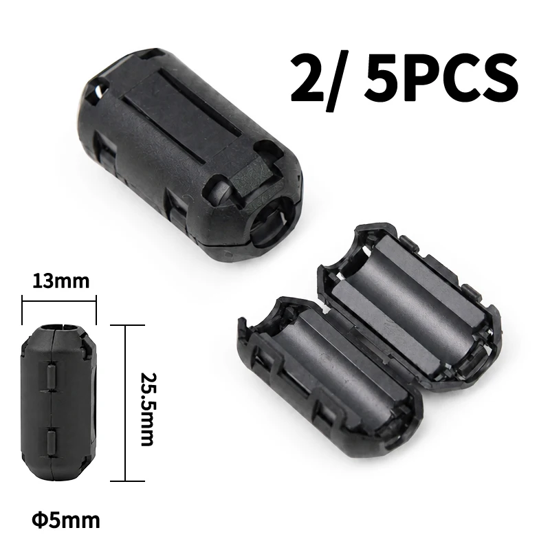 2/5PCS 5mm Clip On Ferrite Core Ring EMI RFI Noise Suppressor Filter Cable Choke for USB Data Power Audio Video Cord Wire Black
