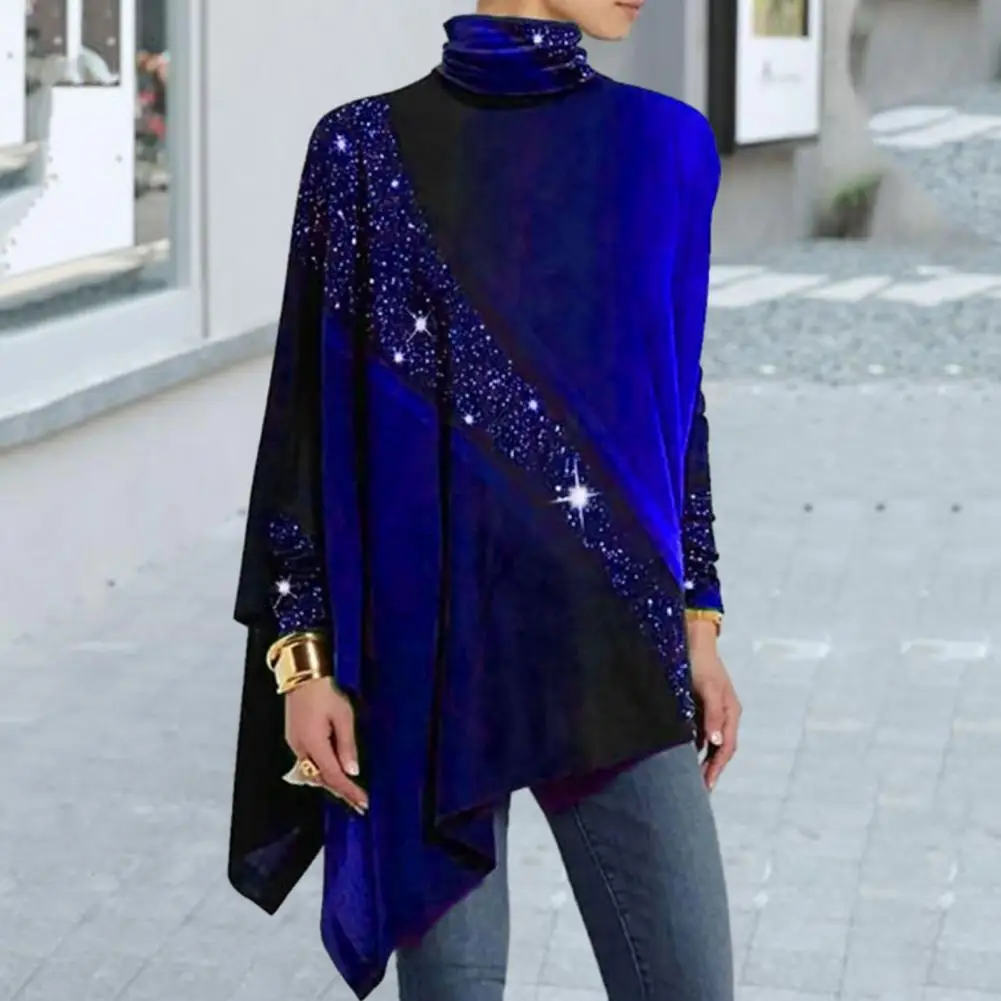 

Women Spring Fall Top High Collar Long Sleeve Irregular Hem T-shirt Sequin Colorblock Mid Length Pullover Lady Commute Blouse