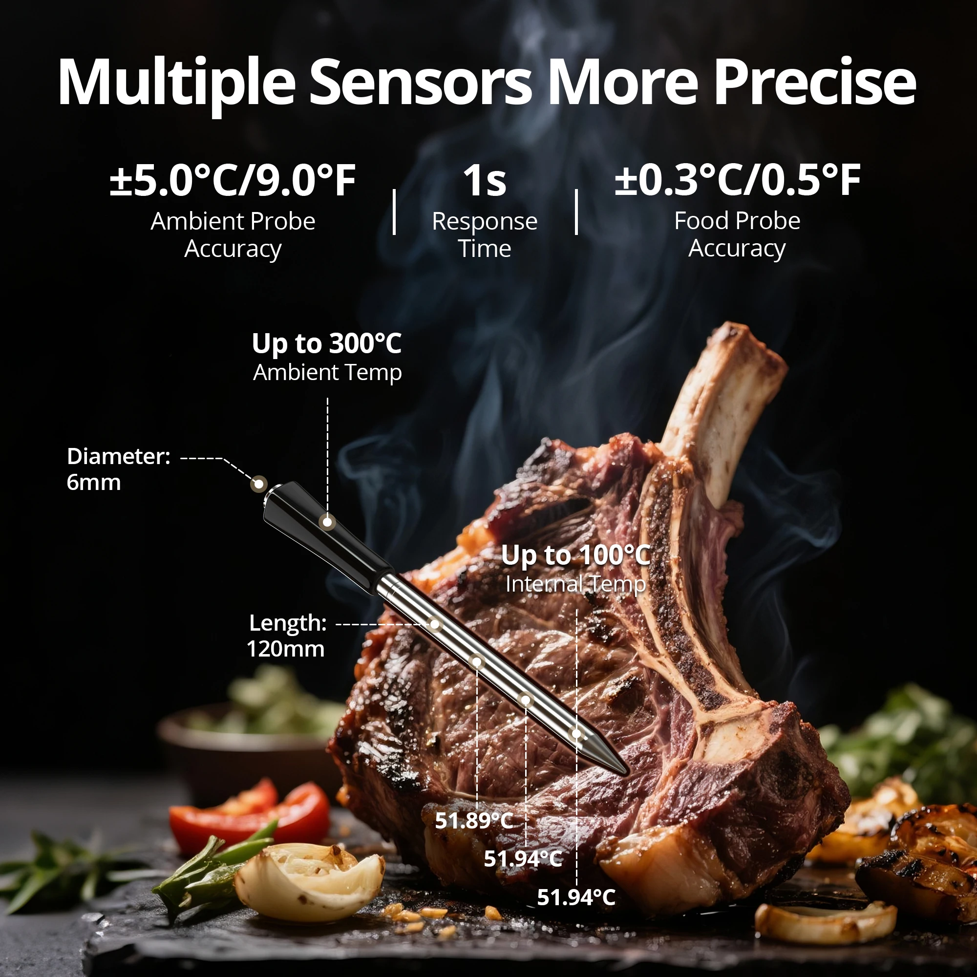 Food Grade Stainless Steel Replacement Temperature Sensor,Grilling Smoker Meat Probe Only Compatible with INKBIRD INT-12E-BW