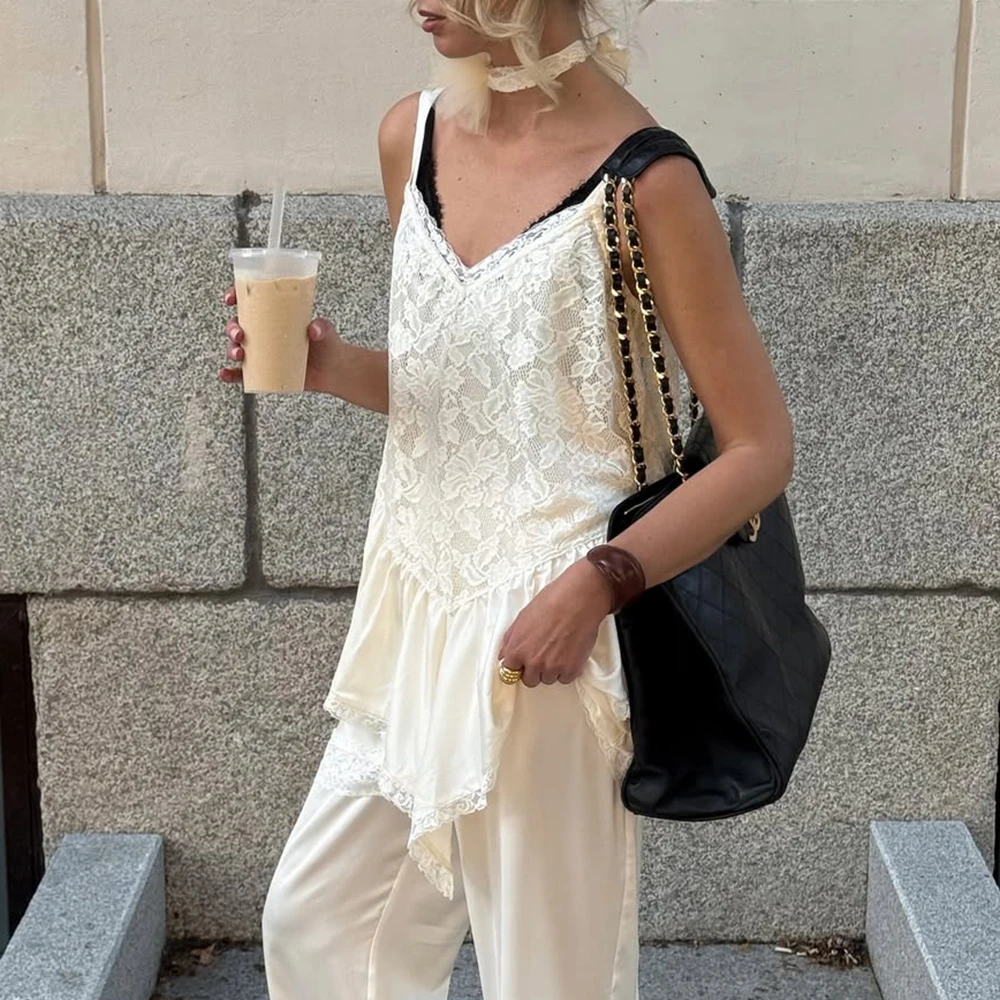 

Talenza White Lace Top Female Sexy See Through Lace Patchwork Sleeveless Tank Top Summer Fashion Party Outfit Top Women Y2k Tees