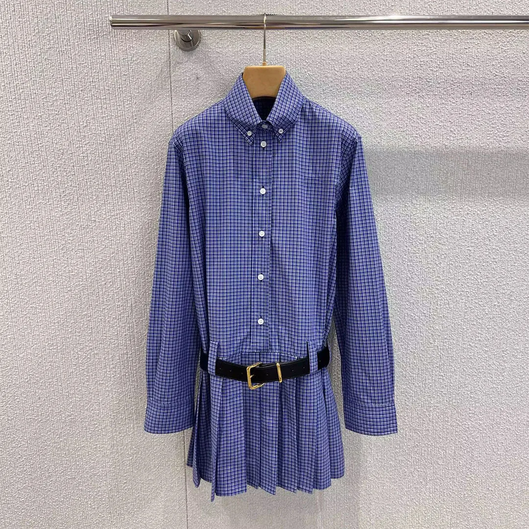 

New Autumn Fashion Blue Plaid Sweet Preppy Style Dress Women Lapel Long Sleeve Low Waist PU Leather Belt Chic Pleated Mini Dress