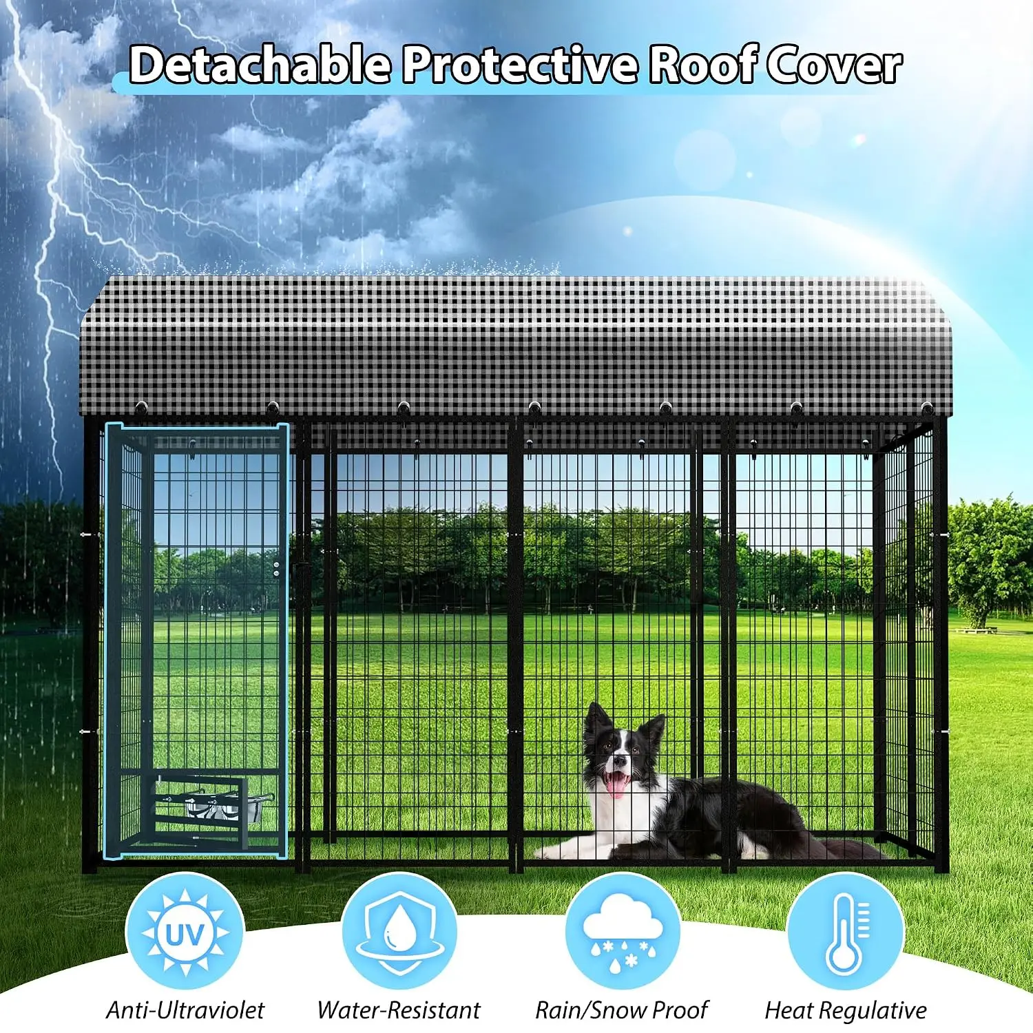 Heavy-Duty Dog Kennel with Roof Outdoor Run Enclosure Removable Cover Playpen Latch-Lock & Feeding Door 4x8x6 Ft, Customized view 6