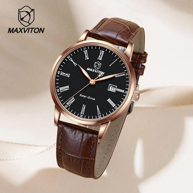 MAXVITON Solar Watch for Men, Business Casual Fashion, Luminous Waterproof, Genuine Leather Women's Watch, Couple Watches