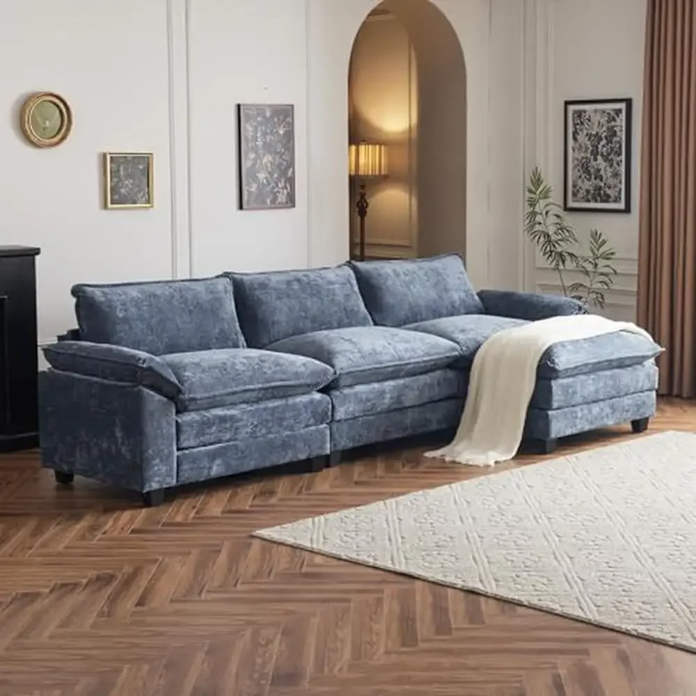 Modular Deep Seat Sectional Sofa Couch with Ottoman Chenille Sleeper Upholstered Furniture Comfy Living Room Apartment Set