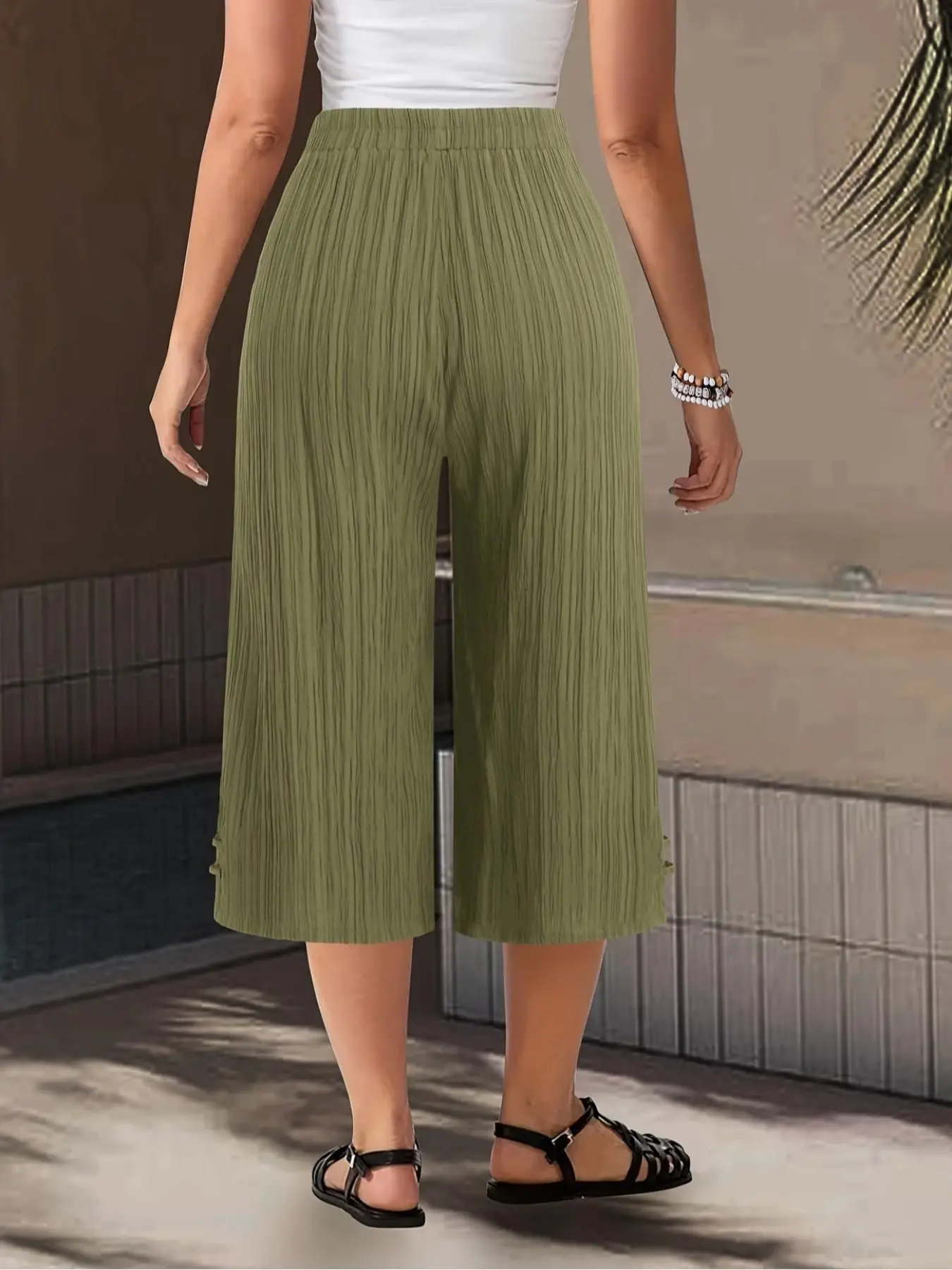 بالإضافة إلى حجم السراويل النسائية الصيف أزياء المشارب الملمس الخصر الطبيعي الكاحل واسعة الساق السراويل اليومية