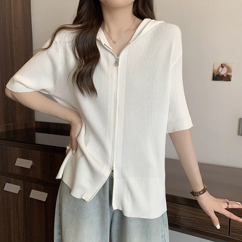 

XL-4XL Large Size Zipper Hooded Cardigan Women 2023 Summer Loose Knitted Tops Short Sleeve Oversize Hoodies Ice Silk Sweater