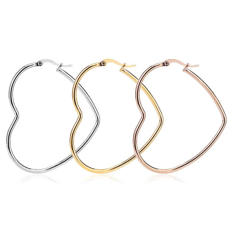 Exaggerate Big Hoop Earring 30-60mm Heart Earrings For Women Stainless Steel Gold Color Hip Hop Korea Fashion Jewelry