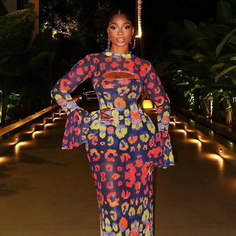 

Women's Retro Print O-Neck Hollow Out Long Flare Sleeve Waistband Hips Wrapped Long Dress