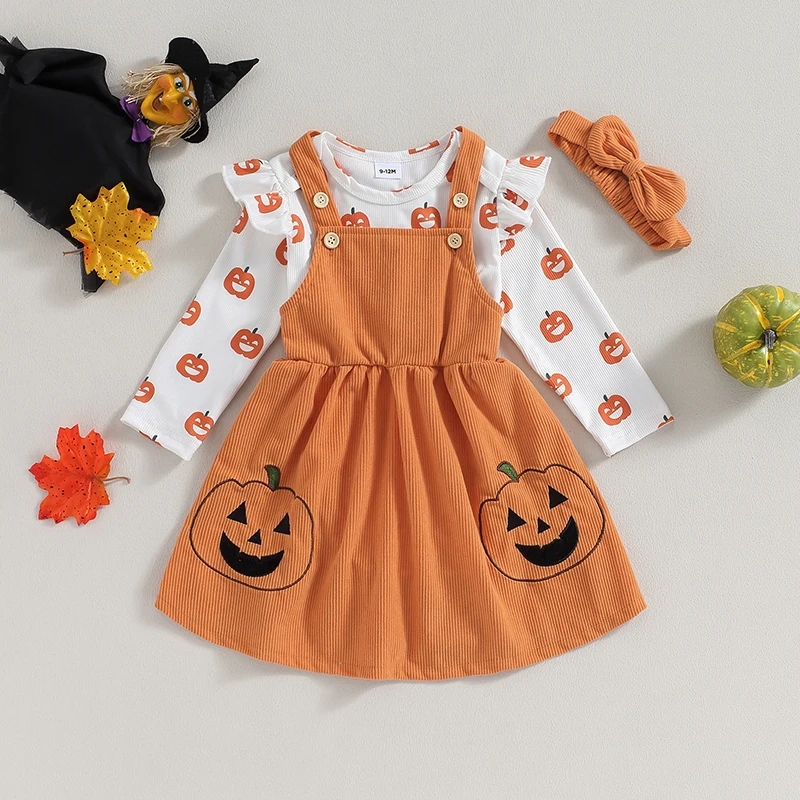 

Infant Girls Halloween Costume Set with Pumpkin Romper Suspender Skirt and Headband - Adorable Newborn Outfit for Fall