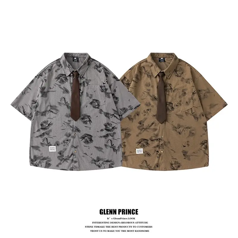 BEIANJI American retro floral full print short-sleeved shirt men's summer college style couple loose tie shirt