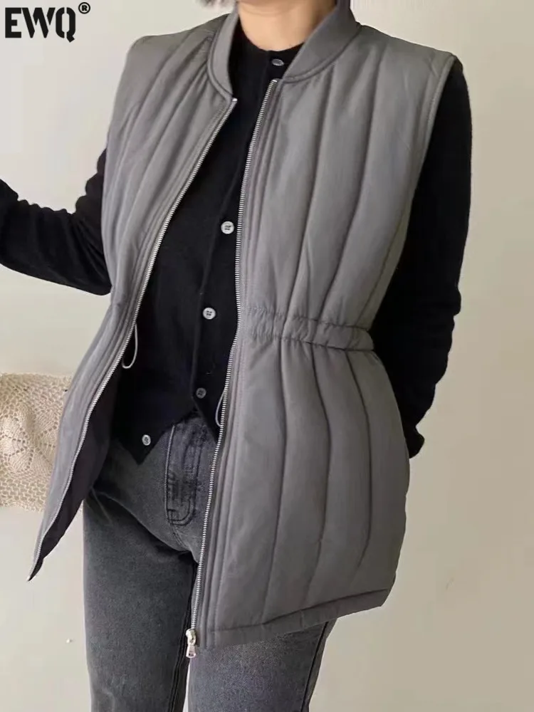 [EWQ] chaquetas de plumón con diseño de cordón sin mangas, chalecos sólidos sueltos informales para mujer, chaleco con cremallera, abrigo, otoño 2024, nuevo 16O1950