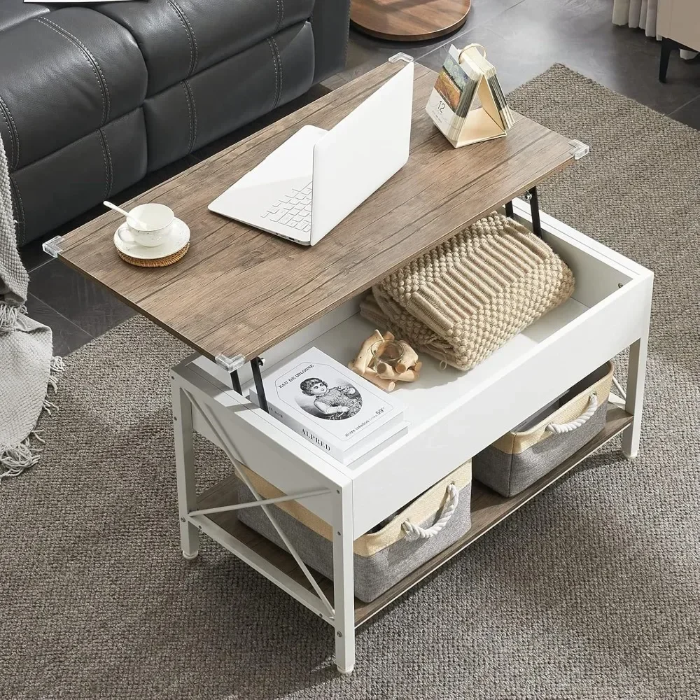 

Lift Top Coffee Table with Free Cloth Storage Bins, White Walnut Framhouse Coffee Table for Living Room