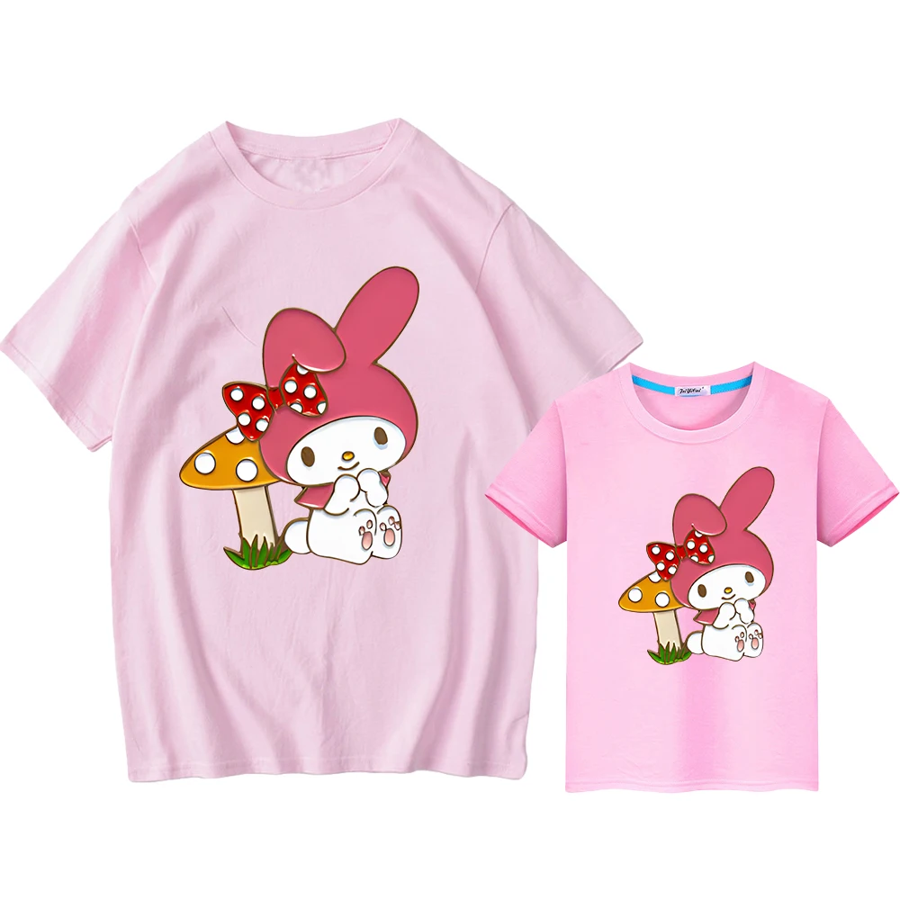 Sanrio Melody mommy and daughter matching clothes family matching100%Cotton T-shirt boy girl Cute Tops Men women Anime Short y2k