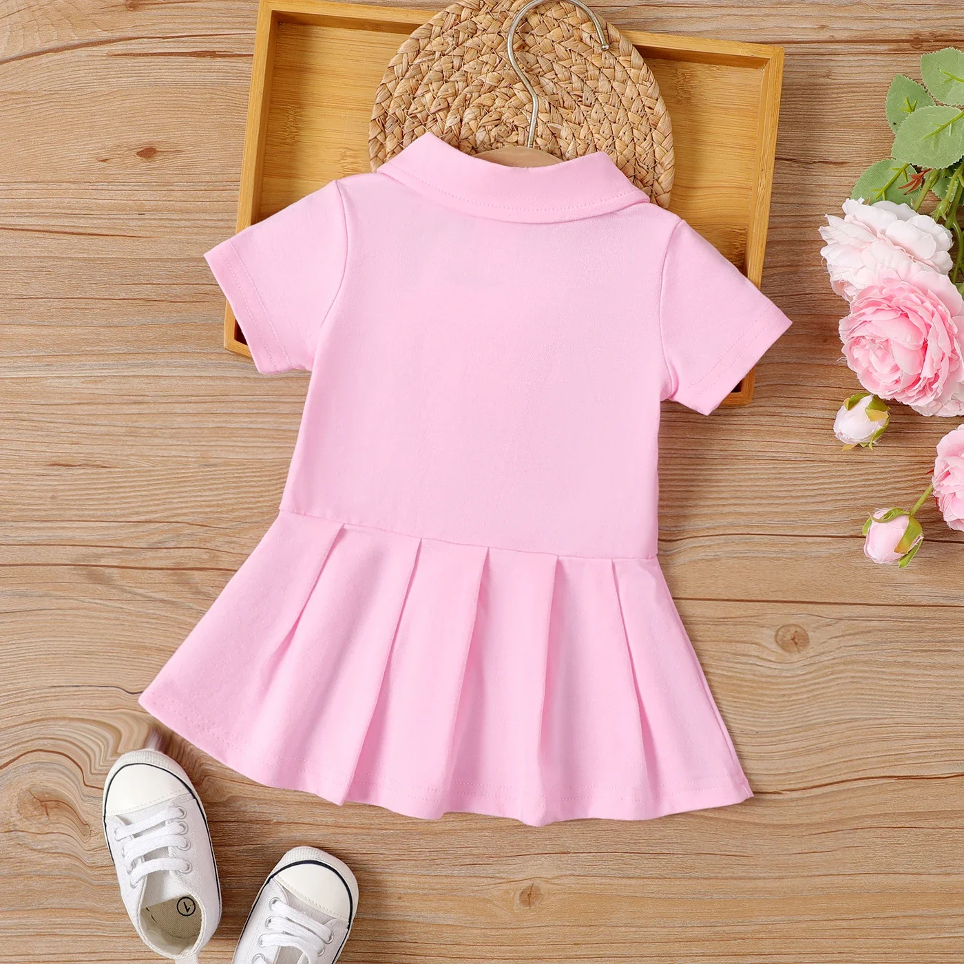 PatPat Baby Girl Bear Embroidered Polo Neck Pleated Dress Suitable for Summer Season Soft and Comfortable Basic Style