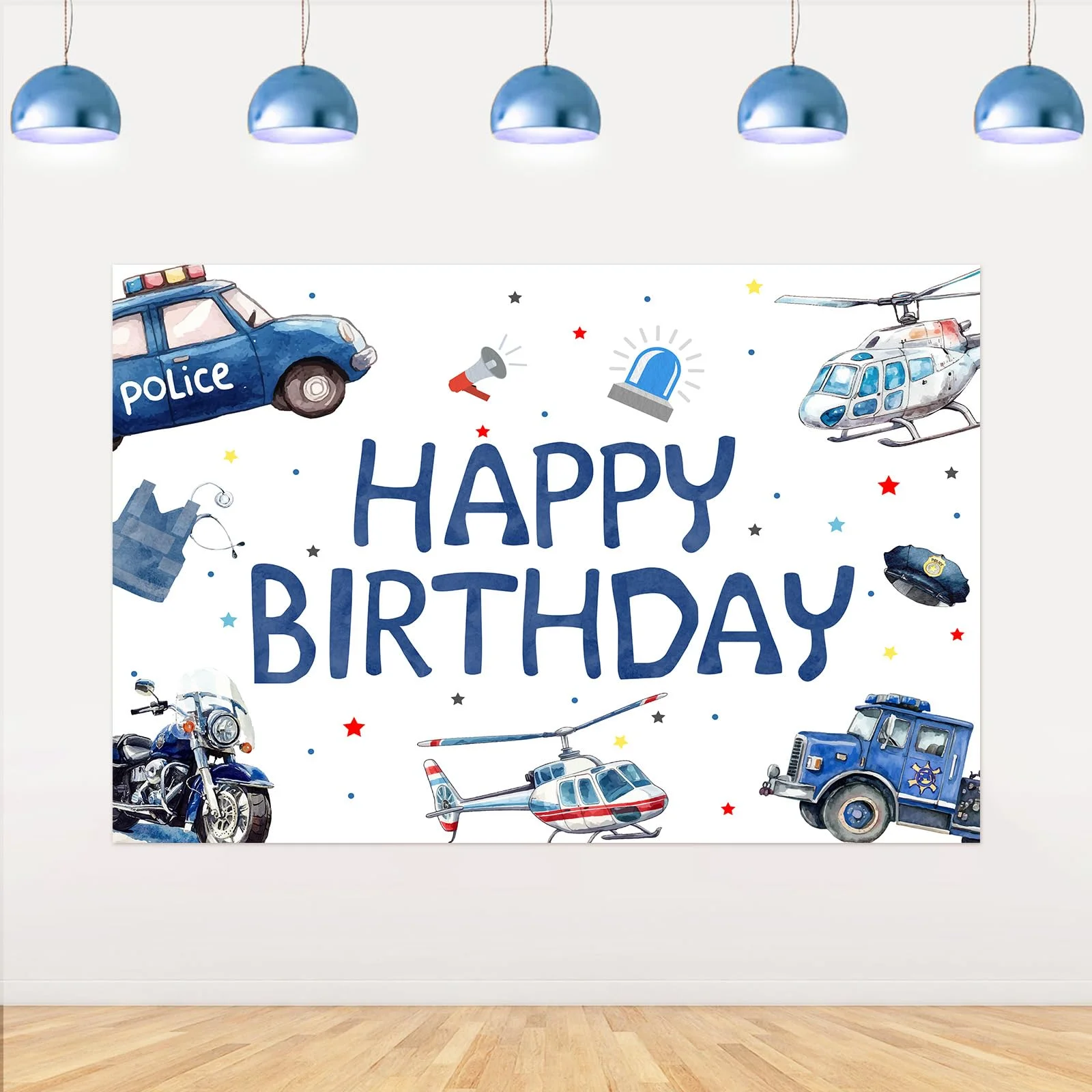 Emergency Vehicle Blue Birthday Backdrop Happy Birthday Sound The Alarm Photography Background Cloth Decorations Birthday Party