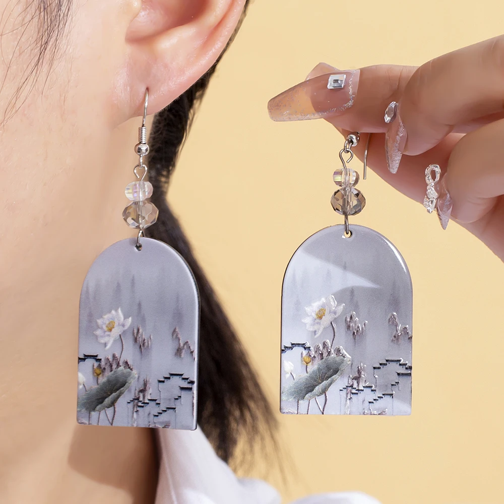 Fashion Ink Painting Lotus Flower Gray Acrylic Elegant Earrings For Women Paired With Shiny Glass Vacation Style Girls Jewelry