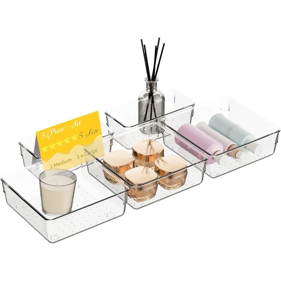 

5 PCS Clear Plastic Drawer Organizer Set 2 Sizes Acrylic Drawer Storage Trays Non Slip Storage Bins for Makeup Jewelry Gadgets