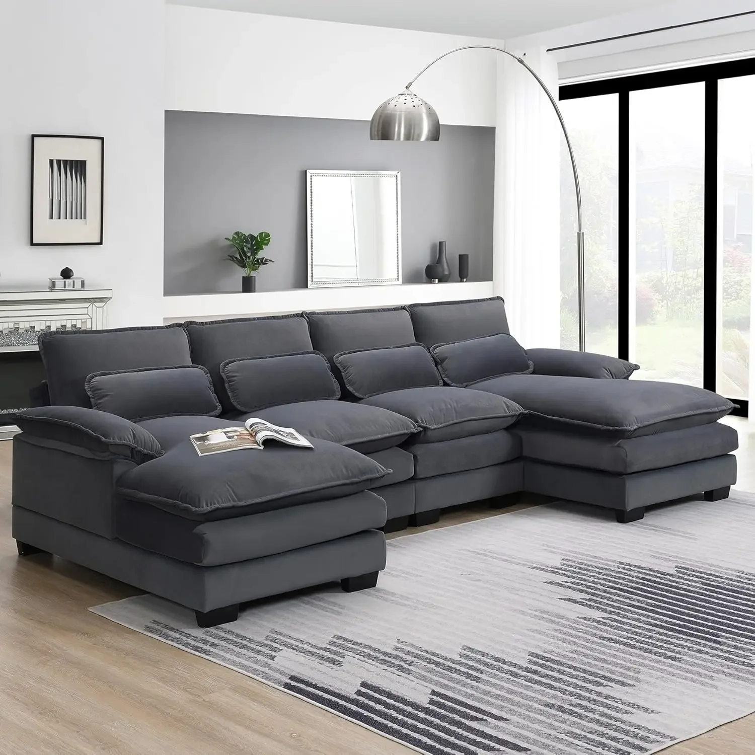 

109.8“ Sectional Sofa Cloud Couch for Living Room, Modern Velvet Large Overstuffed U Shaped Couch, Comfy Modular Sofa Sleeper