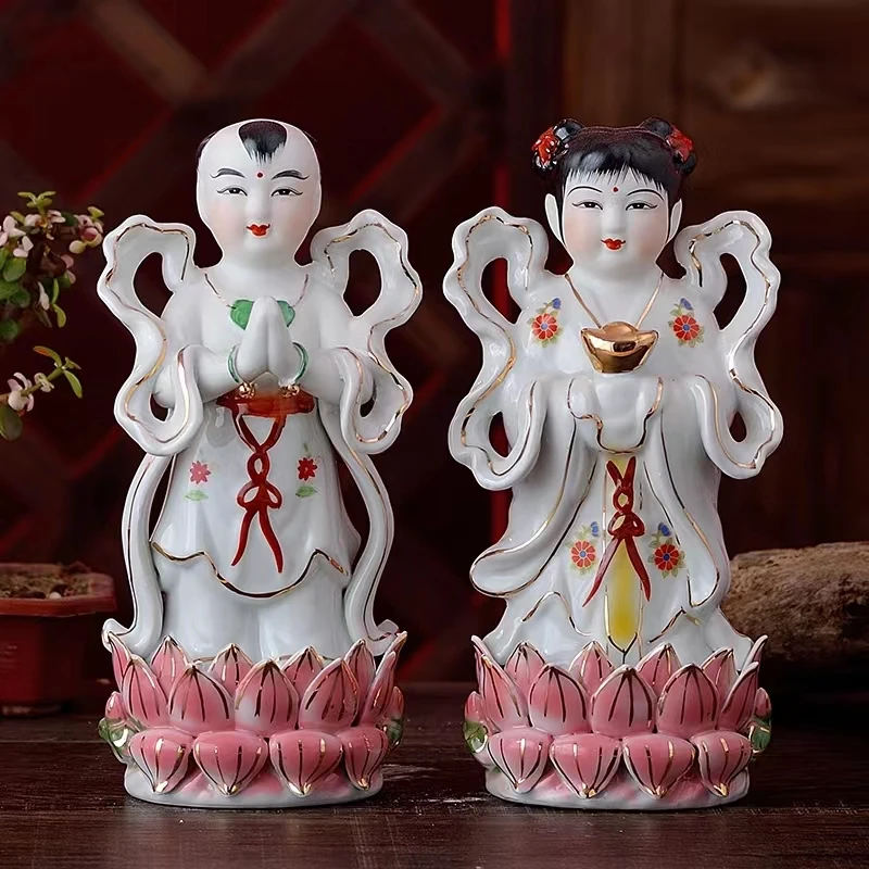 

Ceramic Buddha Statue Buddhist Crafts Golden Boy Jade Girl Buddha figurine Home Decoration and Desk Decor chinese fengshui