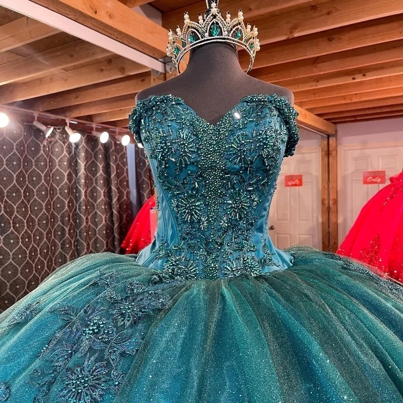 Emerald Green Shiny Quinceanera Dresses Ball Gown Birthday Party Dress Lace Up Graduation Gown Sweetheart Swet vestidos 15 de