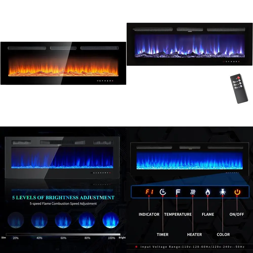 

50 Inch Wide Recessed Wall-Mounted Electric Fireplace with Remote, Timer, and 12 Color Options for Modern Home Decor