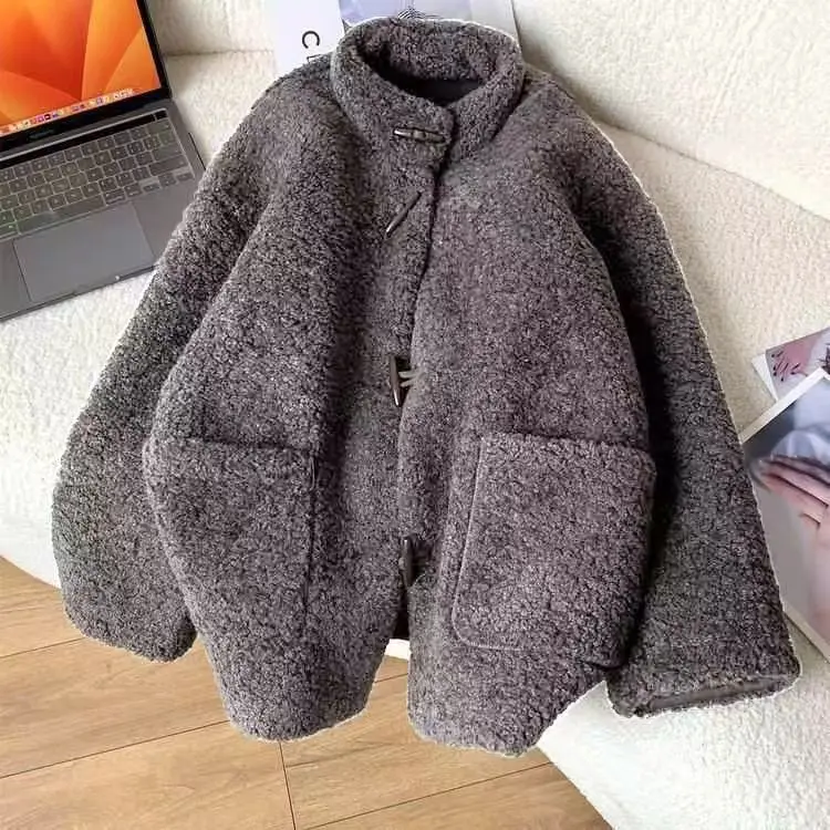 Autumn and Winter Women's Cotton Padded Commuting Oversized Stand Up Collar Fake Lamb Wool Jacket