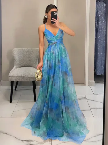 Imagen 2 del producto 2025 Primavera/Verano europea y americana nuevo vestido de tirantes estampado de malla vestido de reunión informal de vacaciones