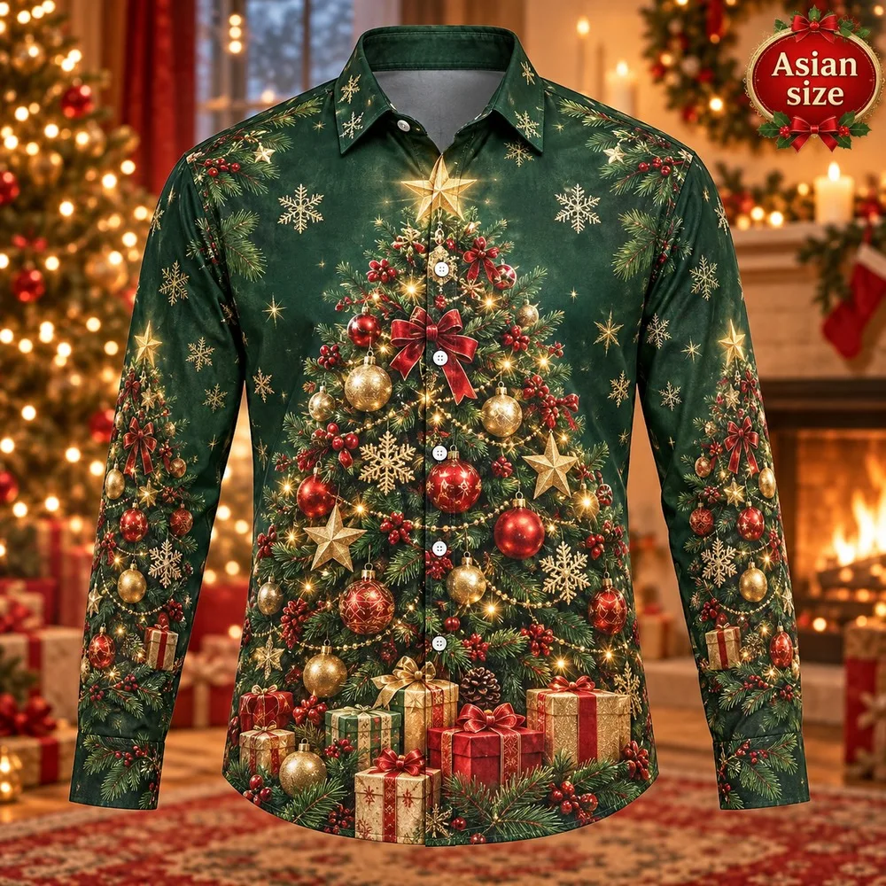 Christmas Tree and Ornaments Long Sleeve Button Down Shirt for Men 3D Print Polyester Holiday Party Winter Casual Shirts