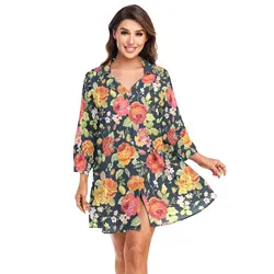 Bikini Cover Up Women Beach Shirts Flower printing Swimsuit Cape 2024 New Summer Long Sleeve Tunic Swimwear Outfits