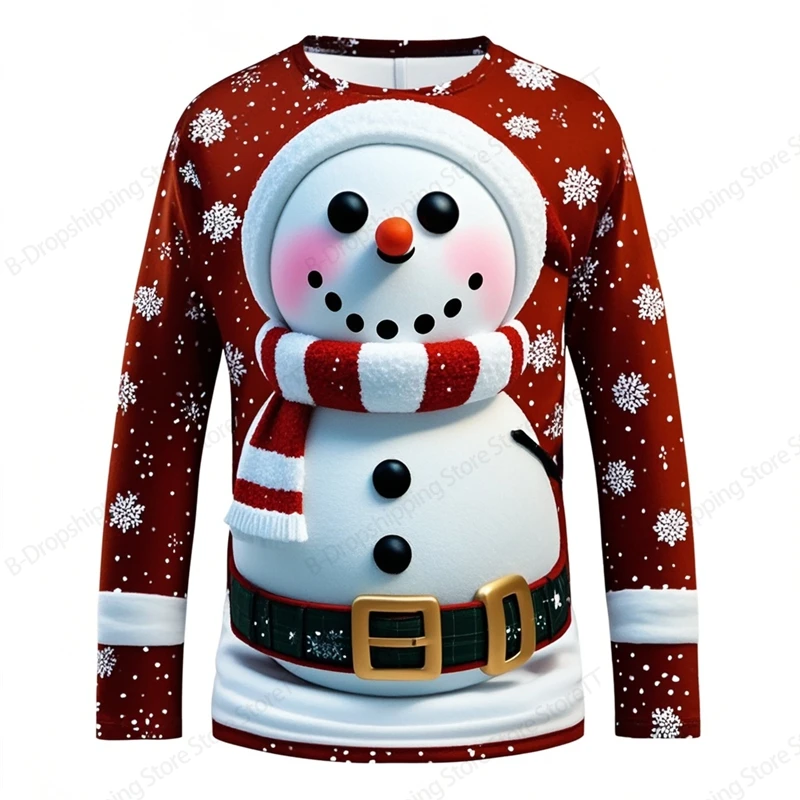 Men's Long Sleeve T-shirt 3d Christmas Snowman Print Tshirt Men Women Fashion Snowflake T shirt O-neck Loose Tops Tees Gifts