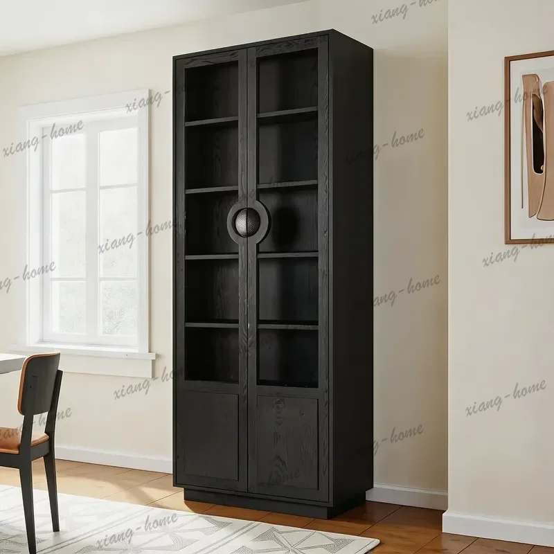 Retro Simple Solid Wood Glass Door Bookcase Black Display Cabinet Multi-functional Floor Storage Locker for Living Room