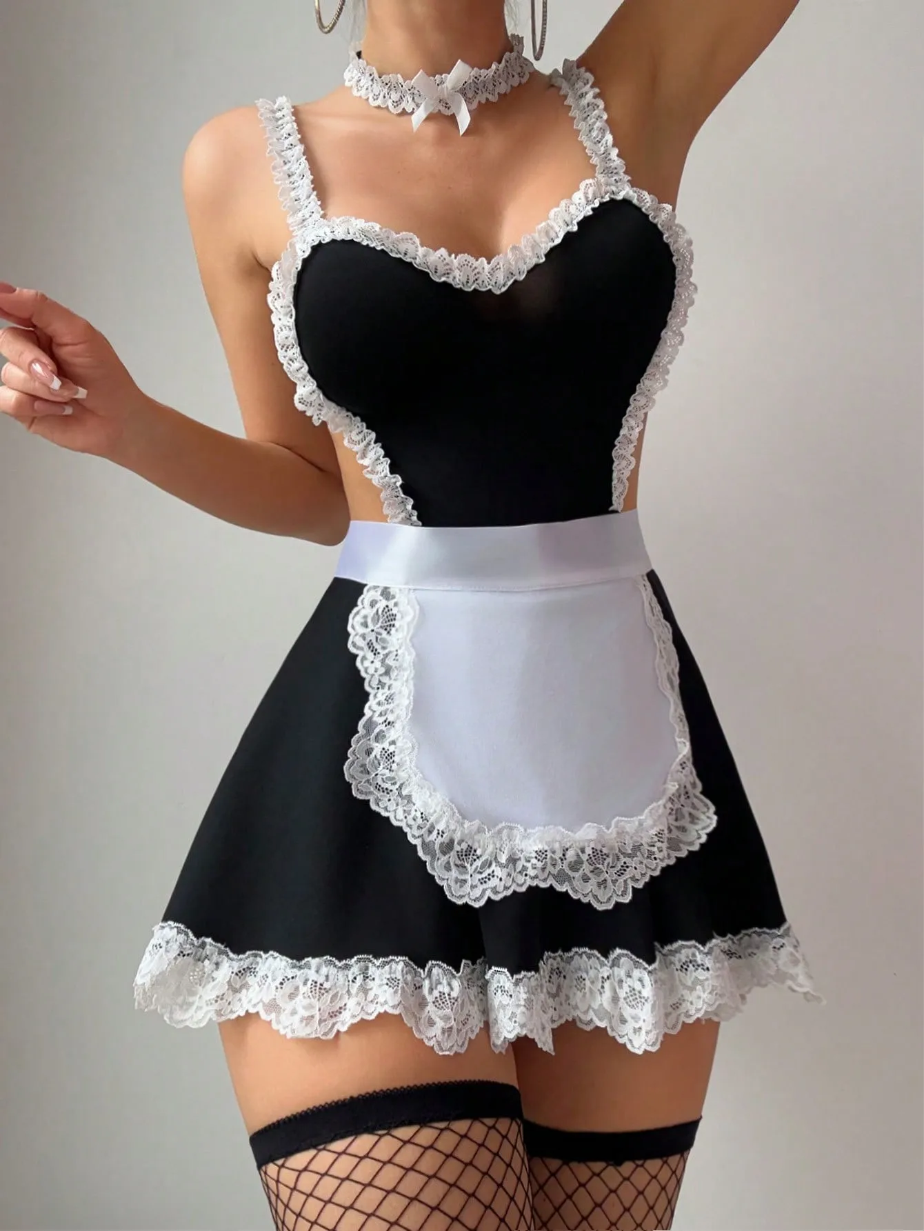 

Open Back Maid Dress With Lace Trim Hangar Neck Costume Women Sexy French Maid Lingerie Set Apron Included Erotic Outfit